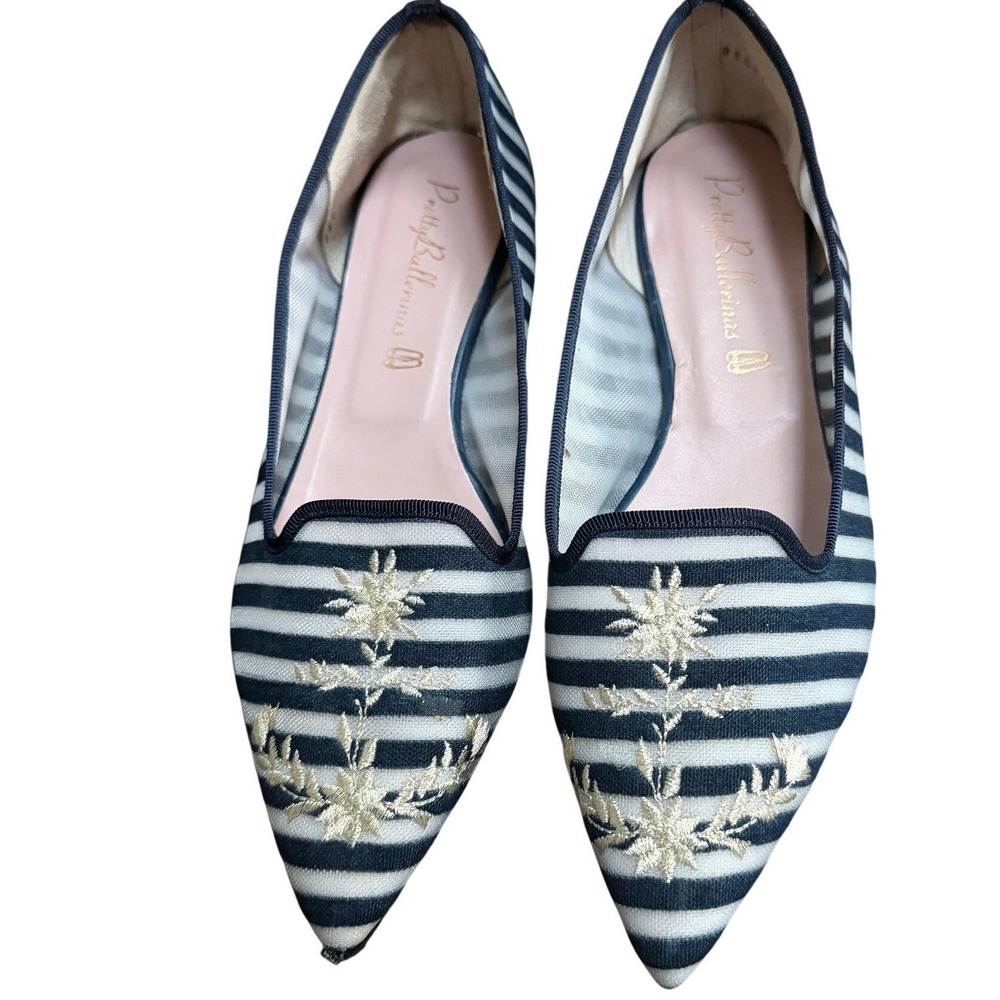 Pretty Ballerinas Pointed Toe Flats Striped Embroidered Size 37 Preppy parisian